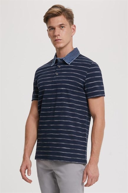 Matty Erkek Denim Yaka Çizgili T-Shirt Lacivert
