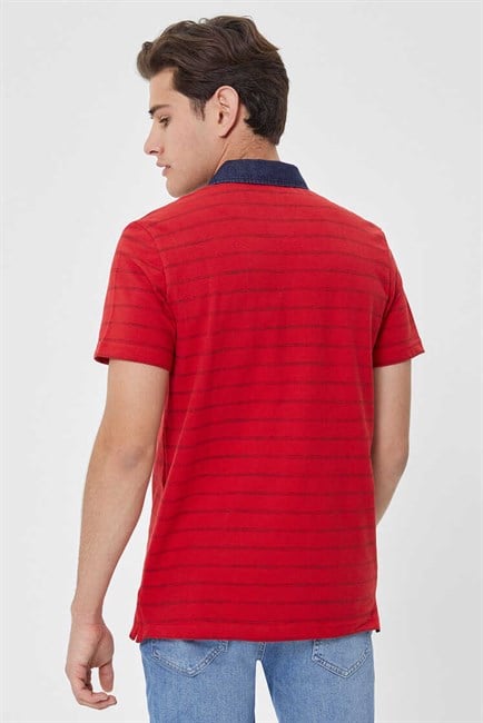 Matty Erkek %100 Pamuk Denim Yaka T-Shirt Kırmızı Çizgili