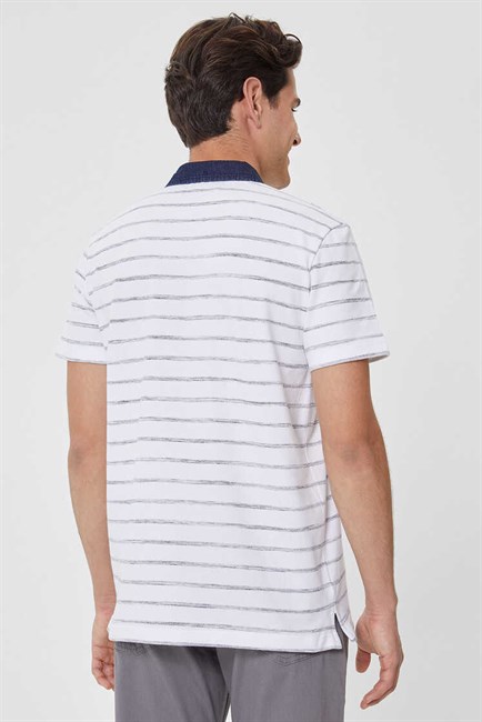 Matty Erkek %100 Pamuk Denim Yaka T-Shirt Beyaz Çizgili