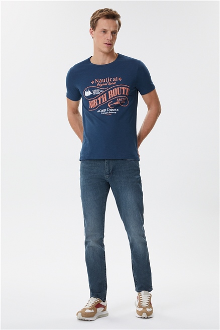 Merlin Erkek %100 Pamuk Bisiklet Yaka T-Shirt Açık Lacivert
