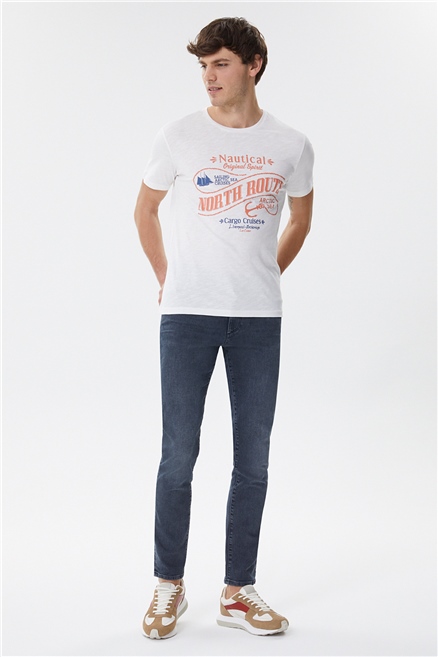 Merlin Erkek %100 Pamuk Bisiklet Yaka T-Shirt Off White
