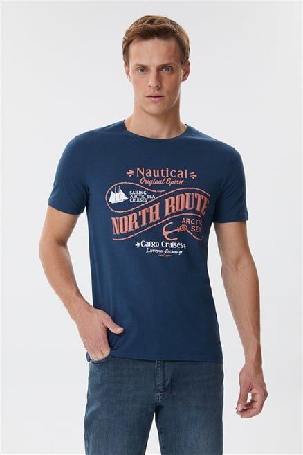 Merlin Erkek %100 Pamuk Bisiklet Yaka T-Shirt Açık Lacivert