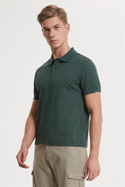 Nature Erkek %100 Pamuk Baskılı Polo Yaka T-Shirt Koyu Yeşil
