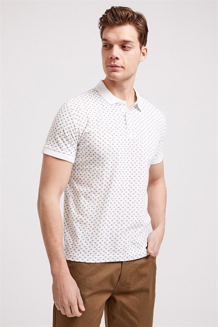 Nature Erkek %100 Pamuk Baskılı Polo Yaka T-Shirt Beyaz