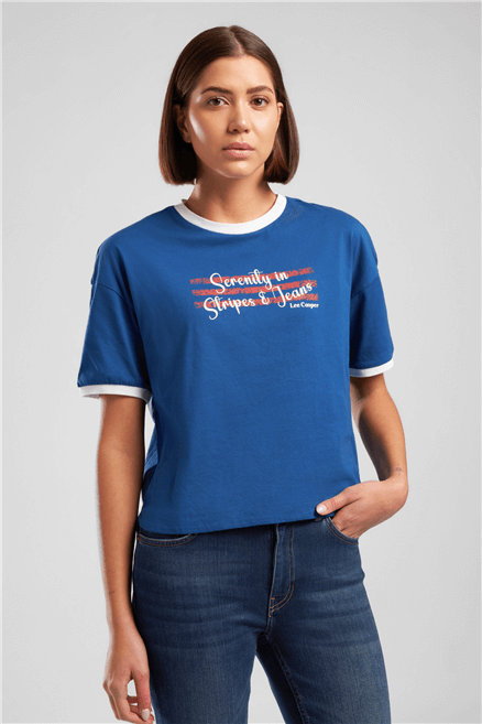 New Briana Kadın Rahat Kesim Baskılı Bisiklet Yaka T-Shirt Mavi