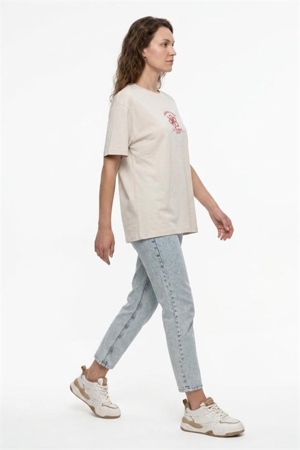 NEW Kadın Oversize Baskılı Bisiklet Yaka T-Shirt Ekru