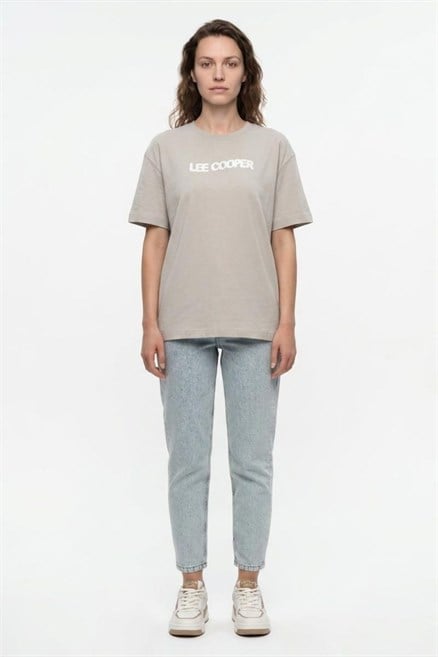 NEW Kadın Oversize Baskılı Bisiklet Yaka T-Shirt Taş