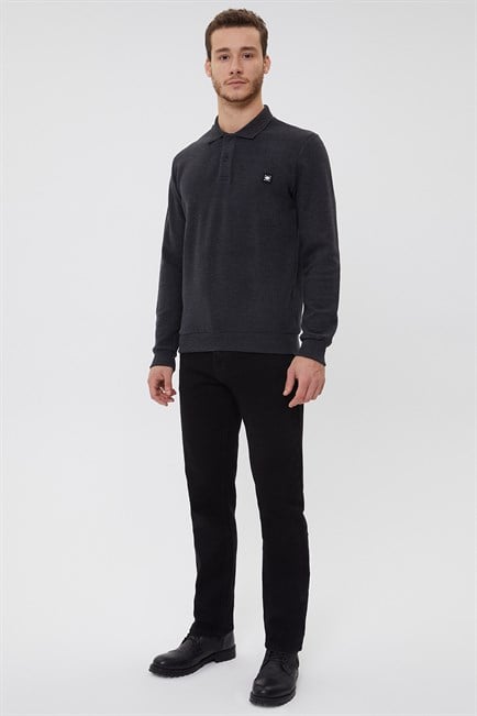 Newblend Erkek Polo Yaka Sweatshirt Antrasit Melanj