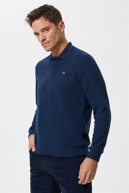 Newblend Erkek Polo Yaka Sweatshirt Açık Lacivert