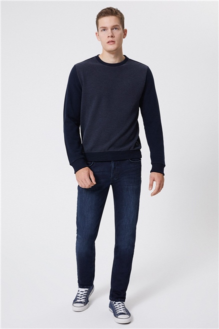Newdiagonal Erkek Bisiklet Yaka Sweatshirt Lacivert