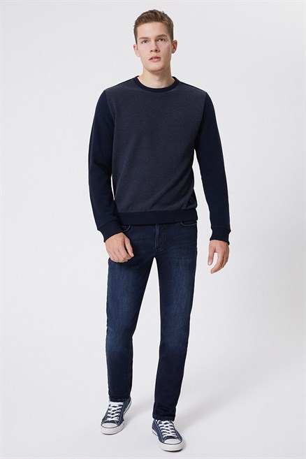 Newdiagonal Erkek O Yaka Sweatshirt Koyu Lacivert