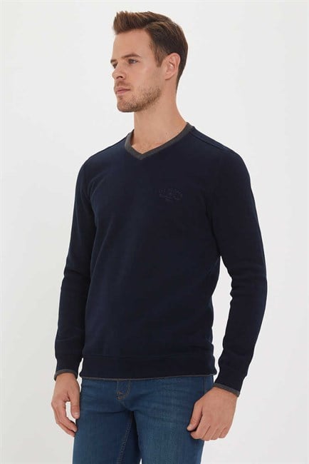 Newdwade Erkek V Yaka Sweatshirt Lacivert
