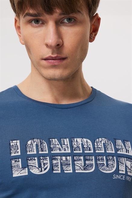 Pers Erkek %100 Pamuk O Yaka T-Shirt İndigo