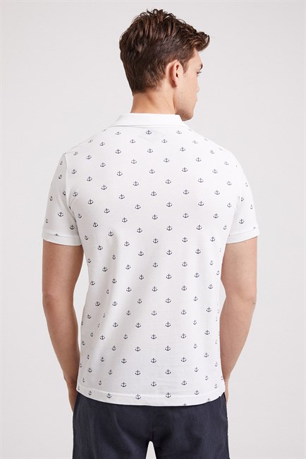Pool Erkek %100 Pamuk Baskılı Polo Yaka T-Shirt Beyaz