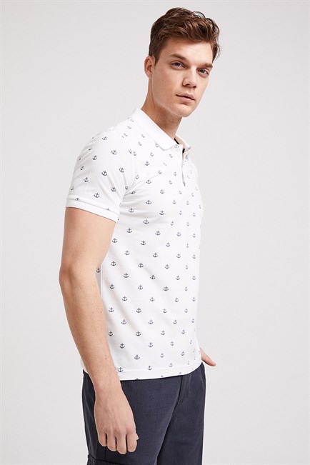 Pool Erkek %100 Pamuk Baskılı Polo Yaka T-Shirt Beyaz