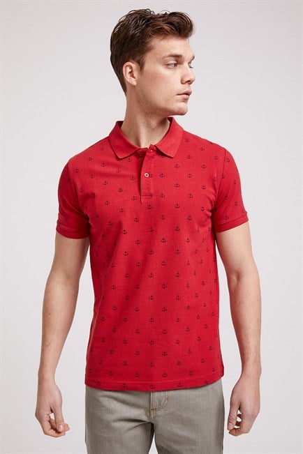 Pool Erkek %100 Pamuk Baskılı Polo Yaka T-Shirt Kırmızı