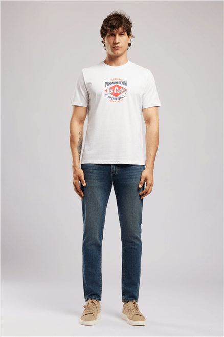 PREMIUM Erkek Regular Fit Baskılı Bisiklet Yaka T-Shirt Beyaz