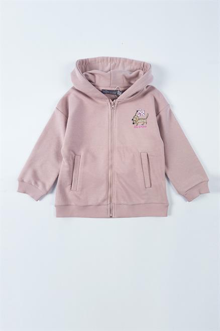Puppy Kız Çocuk Kapüşonlu Fermuarlı Sweatshirt Pudra