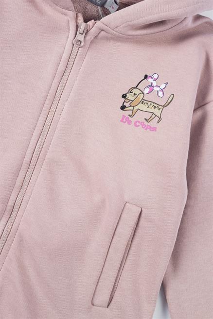Puppy Kız Çocuk Kapüşonlu Fermuarlı Sweatshirt Pudra