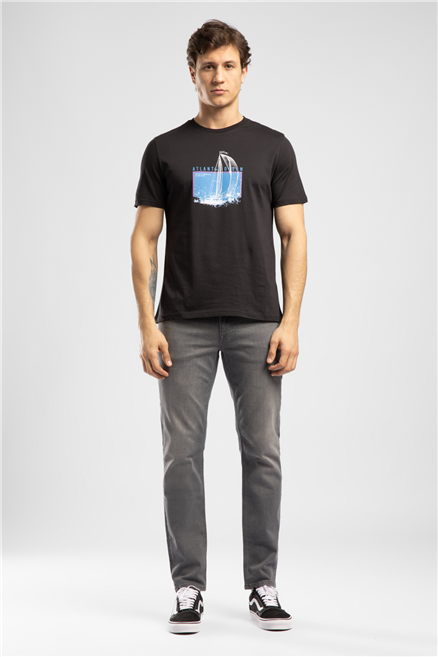 Rıver Erkek Regular Fit %100 Pamuk Baskılı Bisiklet Yaka T-Shirt Siyah