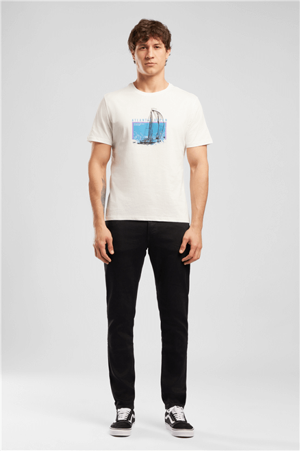 Rıver Erkek Regular Fit %100 Pamuk Baskılı Bisiklet Yaka T-Shirt Beyaz