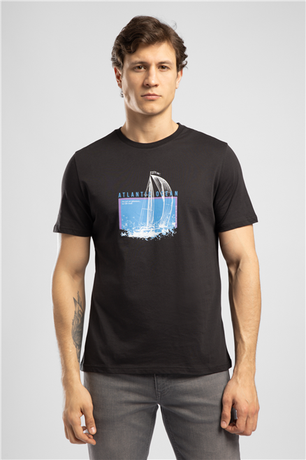 Rıver Erkek Regular Fit %100 Pamuk Baskılı Bisiklet Yaka T-Shirt Siyah