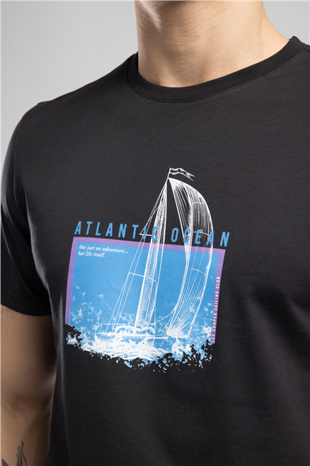 Rıver Erkek Regular Fit %100 Pamuk Baskılı Bisiklet Yaka T-Shirt Siyah