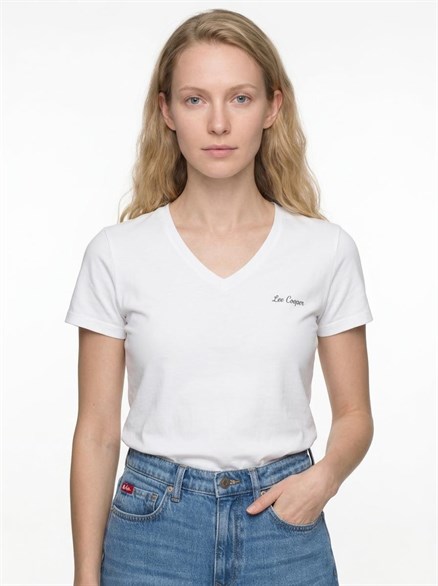SADE Kadın Rahat Kesim Baskılı V Yaka T-Shirt Beyaz
