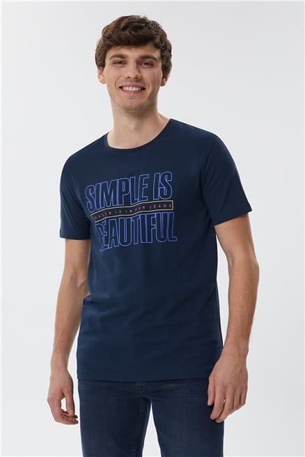 Simple Erkek %100 Pamuk Bisiklet Yaka T-Shirt Koyu Lacivert