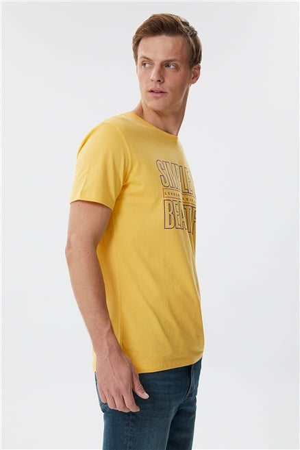 Simple Erkek %100 Pamuk Bisiklet Yaka T-Shirt Limon Sarı