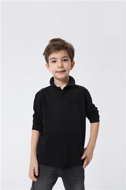 Soon Erkek Çocuk %100 Pamuk Pike Polo Yaka Sweatshirt Siyah