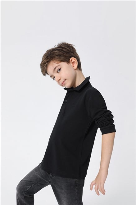Soon Erkek Çocuk %100 Pamuk Pike Polo Yaka Sweatshirt Siyah