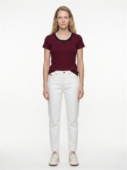 STRIPE Kadın Çizgili T-Shirt Laci̇vert-Kirmizi