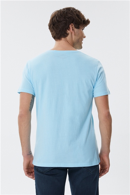 Teraphy Erkek %100 Pamuk Bisiklet Yaka T-Shirt Mavi