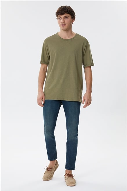 Thomas Erkek %100 Pamuk Oversize Bisiklet Yaka T-Shirt Haki