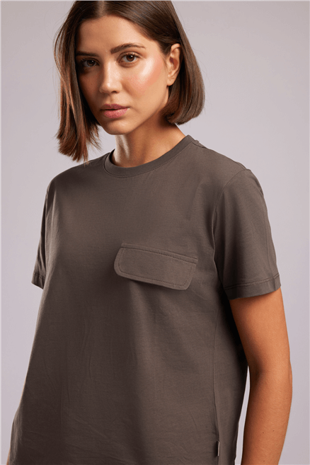 Tıpsy Kadın Baskılı Bisiklet Yaka T-Shirt Kahverengi