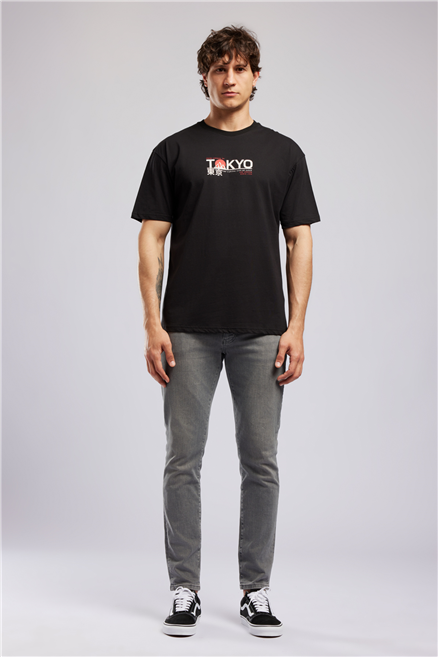 TOBIAS Erkek Loose %100 Pamuk Baskılı Bisiklet Yaka T-Shirt Siyah