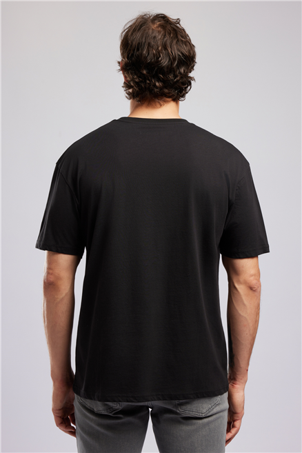 TOBIAS Erkek Loose %100 Pamuk Baskılı Bisiklet Yaka T-Shirt Siyah