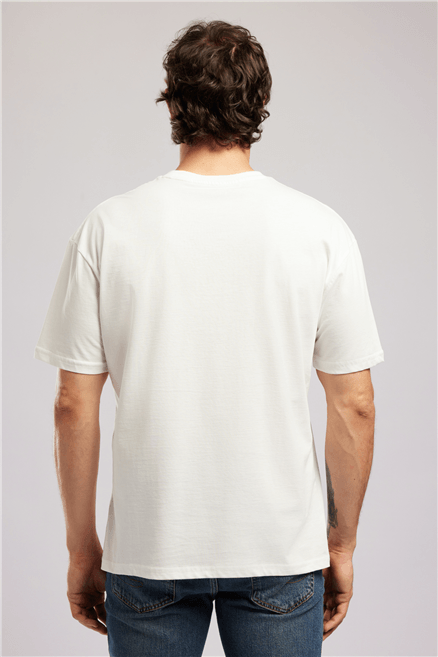 TOBIAS Erkek Loose %100 Pamuk Baskılı Bisiklet Yaka T-Shirt Beyaz