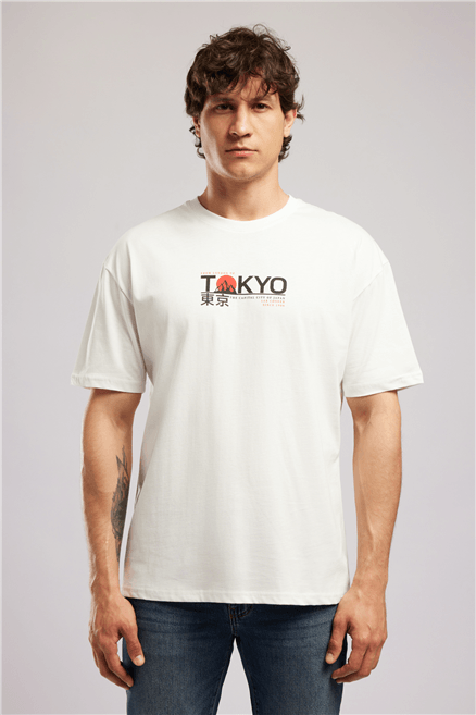 TOBIAS Erkek Loose %100 Pamuk Baskılı Bisiklet Yaka T-Shirt Beyaz