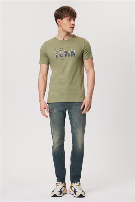 Town Erkek %100 Pamuk O Yaka T-Shirt Açık Haki