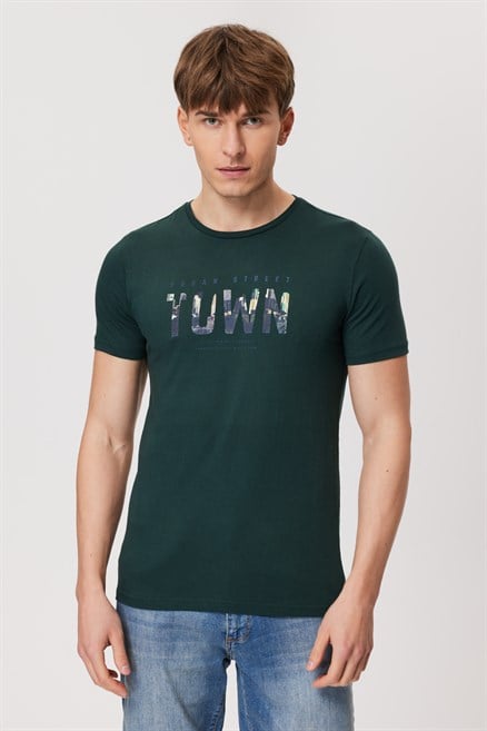 Town Erkek %100 Pamuk O Yaka T-Shirt Koyu Yeşil