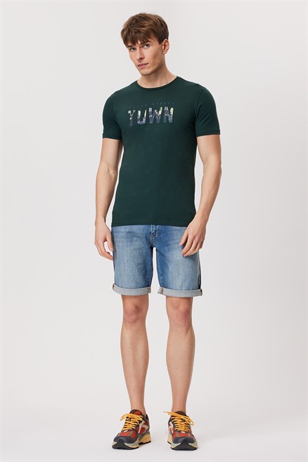 Town Erkek %100 Pamuk O Yaka T-Shirt Koyu Yeşil