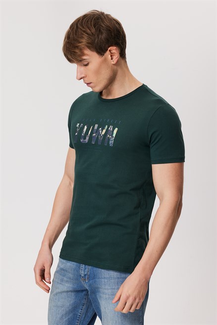 Town Erkek %100 Pamuk O Yaka T-Shirt Koyu Yeşil