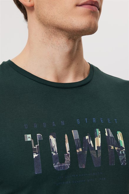 Town Erkek %100 Pamuk O Yaka T-Shirt Koyu Yeşil