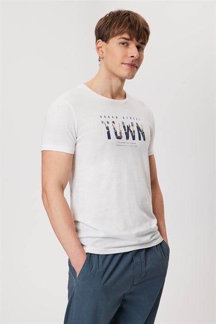 Town Erkek %100 Pamuk O Yaka T-Shirt Off White