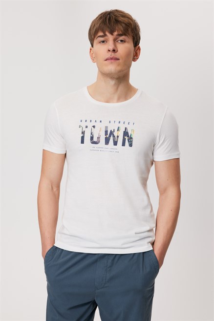 Town Erkek %100 Pamuk O Yaka T-Shirt Off White