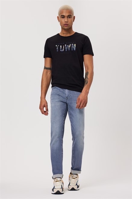 Town Erkek %100 Pamuk O Yaka T-Shirt Siyah