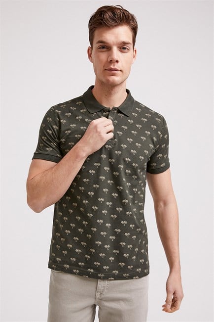 Tree Erkek %100 Pamuk Baskılı Polo Yaka T-Shirt Olive