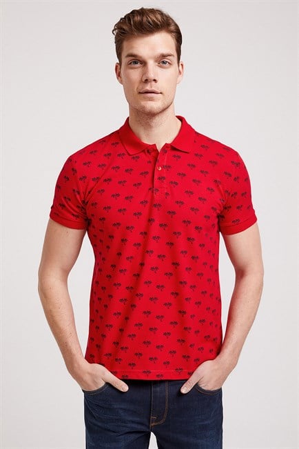 Tree Erkek %100 Pamuk Baskılı Polo Yaka T-Shirt Canlı Kırmızı